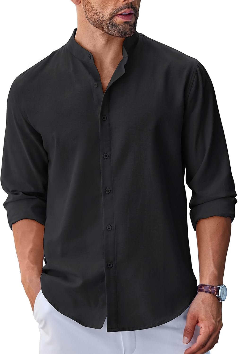 Men's Long Sleeve Oxford Dress Shirts Button Down Shirt Casual Band Collar Shirts