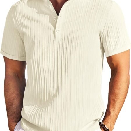 Men Casual Henley Tee Shirt Short Sleeve Band Collar Summer Beach Textured T-Shirt