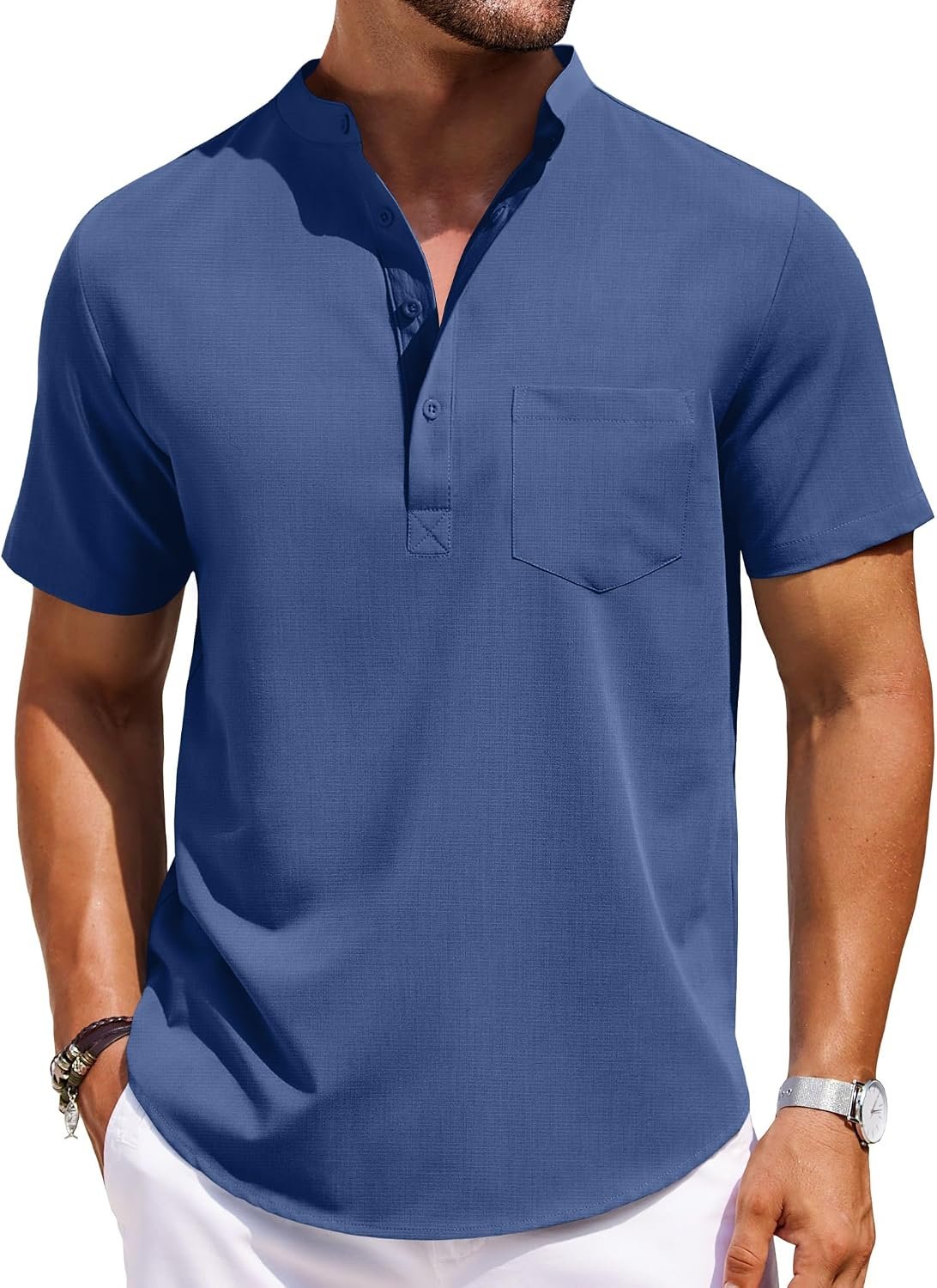 Mens Casual Henley Shirts Band Collar Short Sleeve T-Shirts Summer Stylish Beach Hippie Shirt