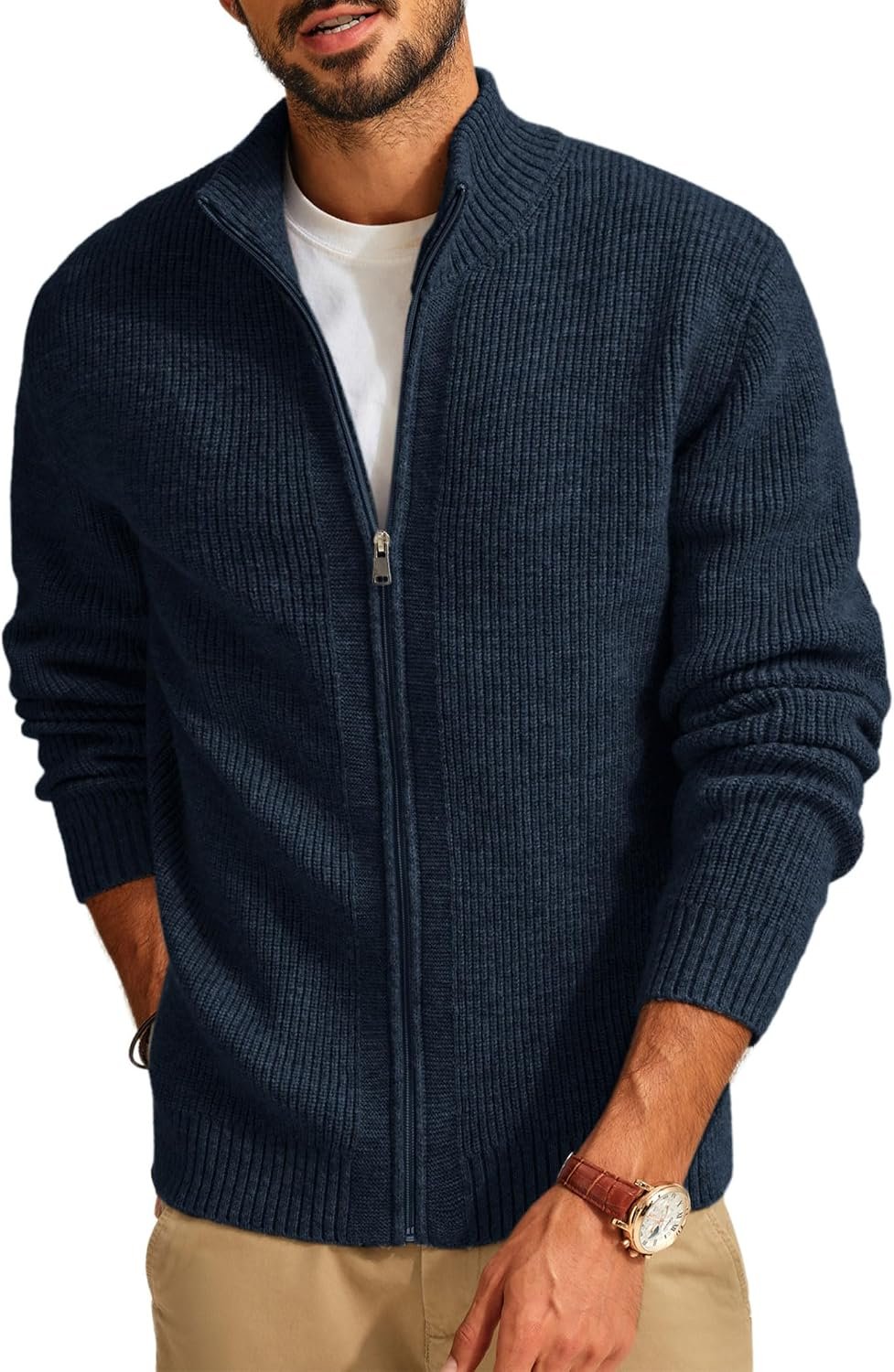 Mens Full Zip Cardigan Sweater Casual Ribbed Knitted Sweater for Men