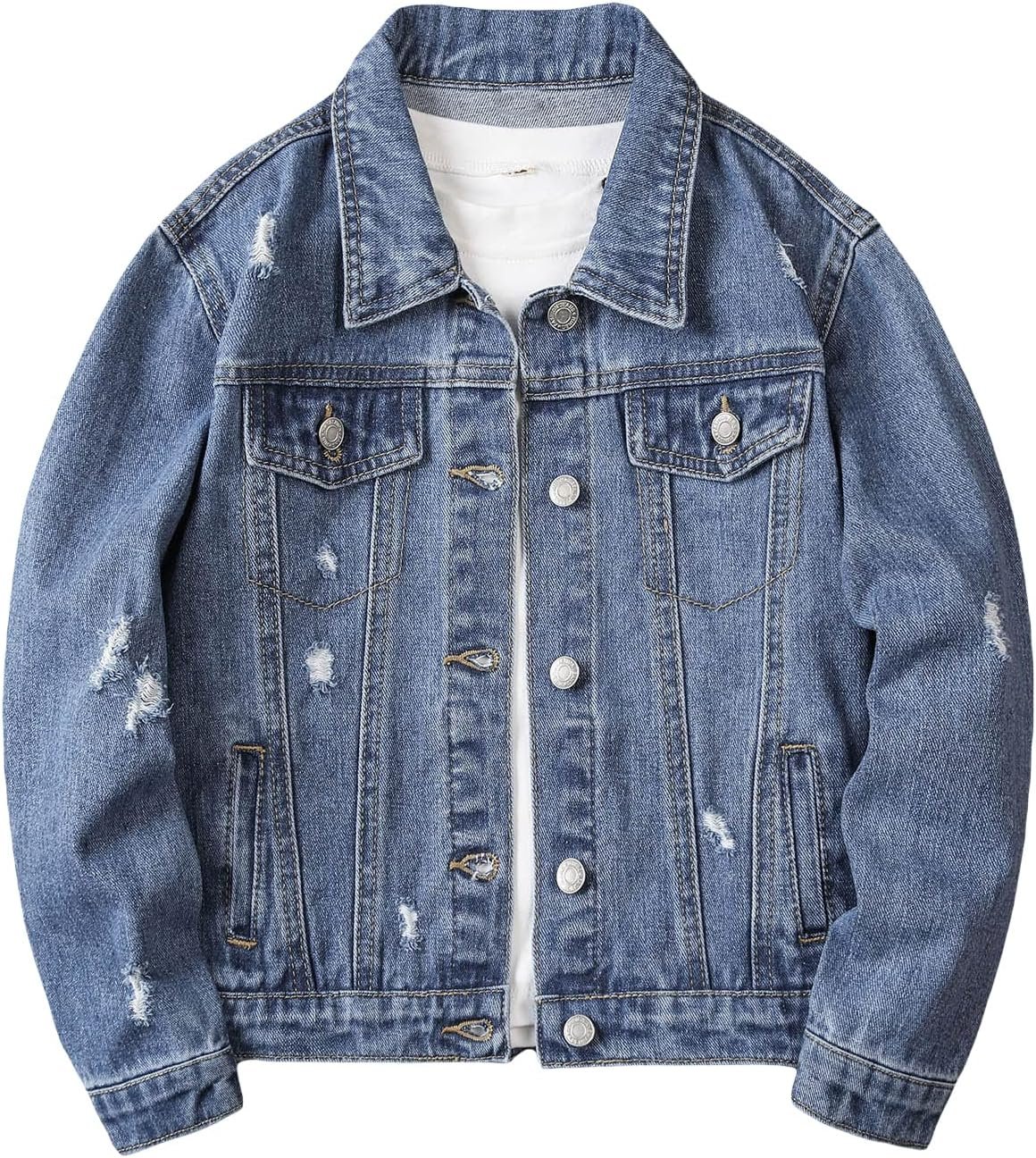 Boys Ripped Long Sleeve Button Front Denim Jacket Coat Outerwear
