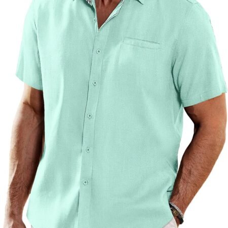 Men's Casual Linen Shirts Short Sleeve Button Down Shirt Summer Beach Tops