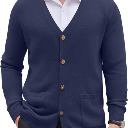 Men's Cardigan Sweater Long Sleeve Casual V Neck Button Down Knitted Sweater with Pockets